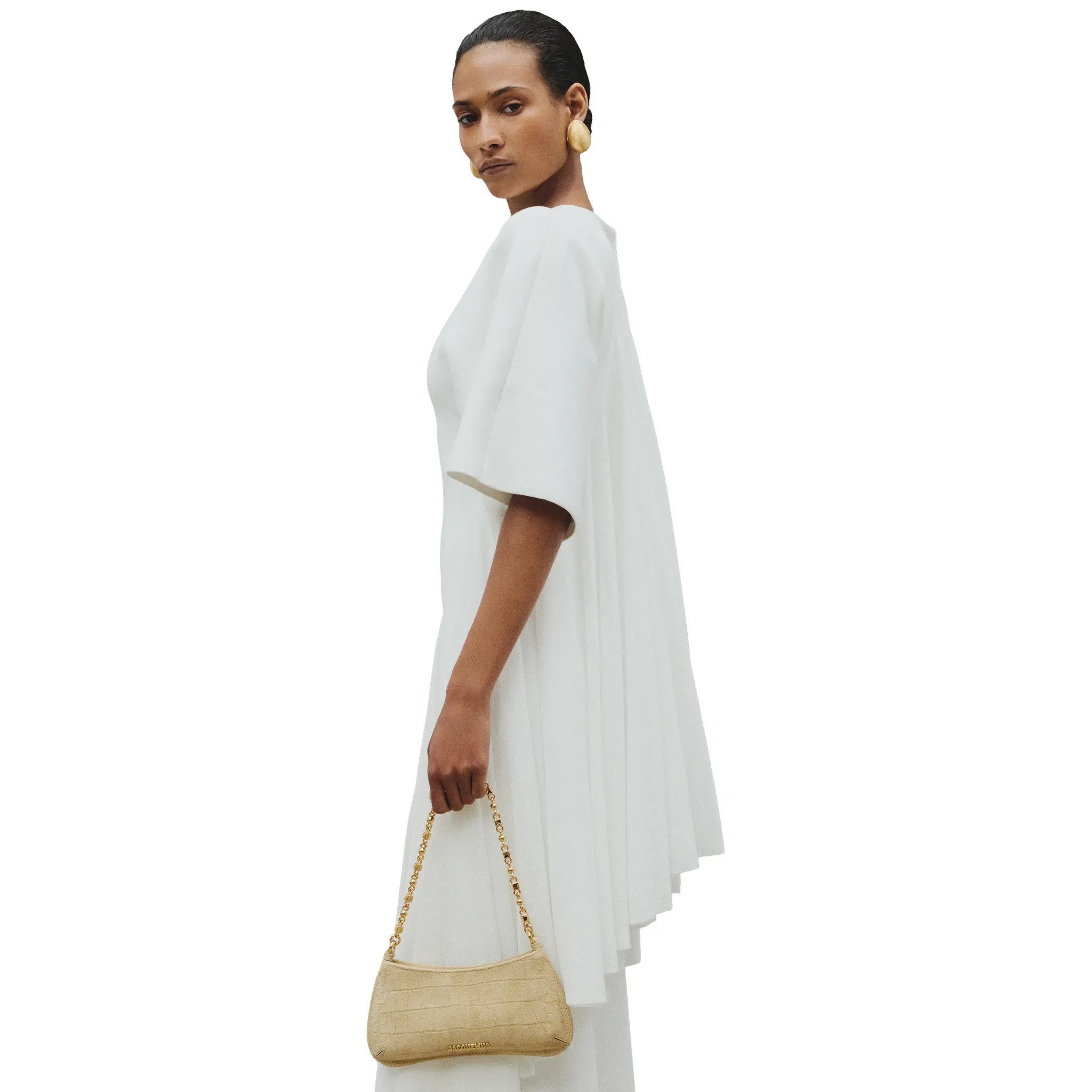 Model View of Jacquemus The Bisou Chain Small Suede Beige Shoulder Bag BAW00404AC07A17150